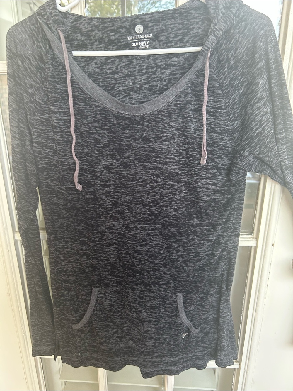 Old Navy Women's Charcoal Marled Hooded Pullover with Pink Drawstrings